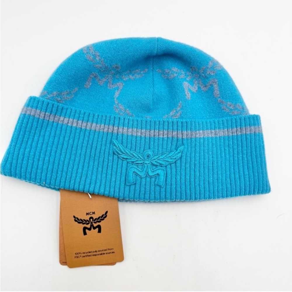 MCM Turquoise & Gray Embroidered Logo Cuff Beanie